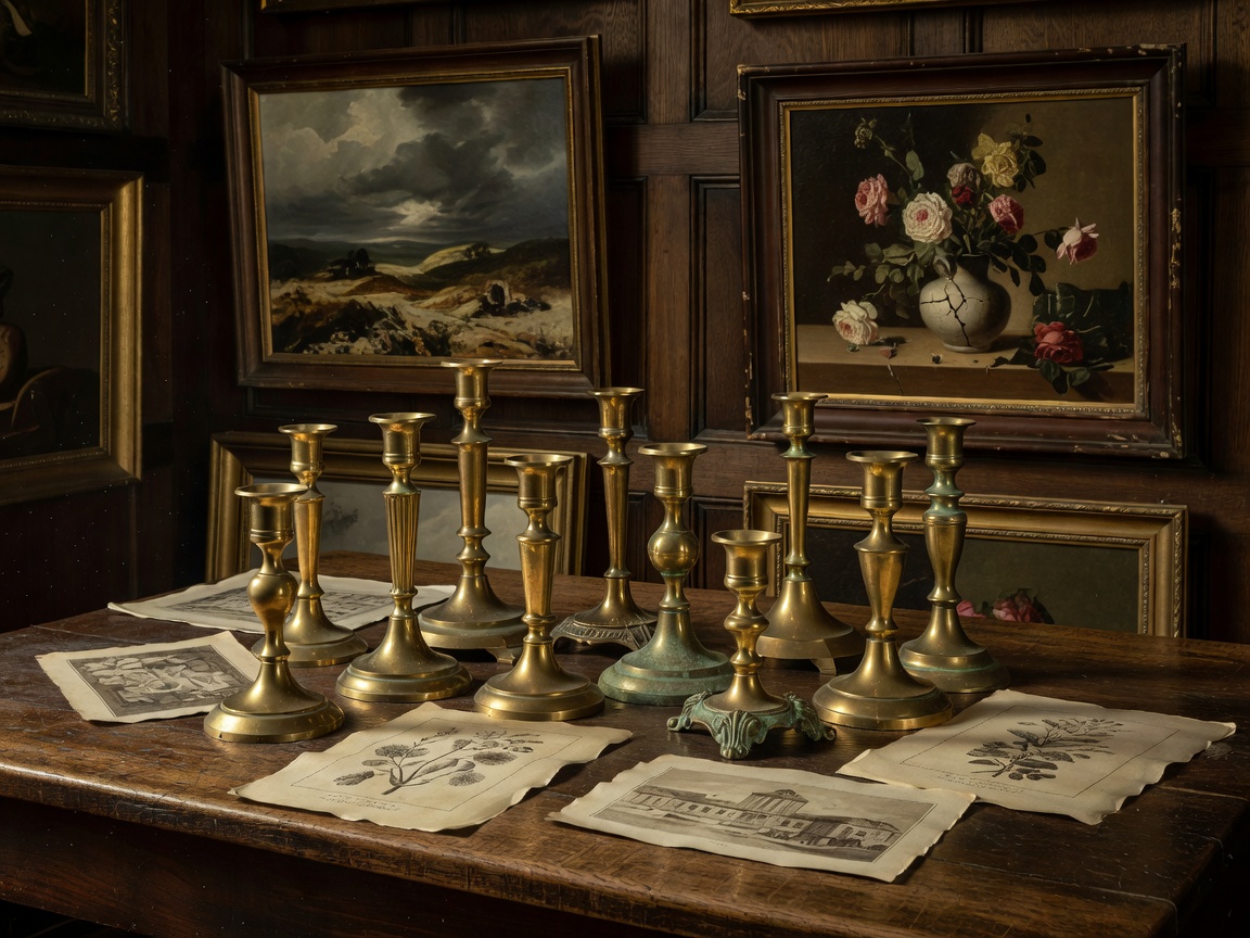 Antique brass candlesticks, vintage prints and framed oil paintings