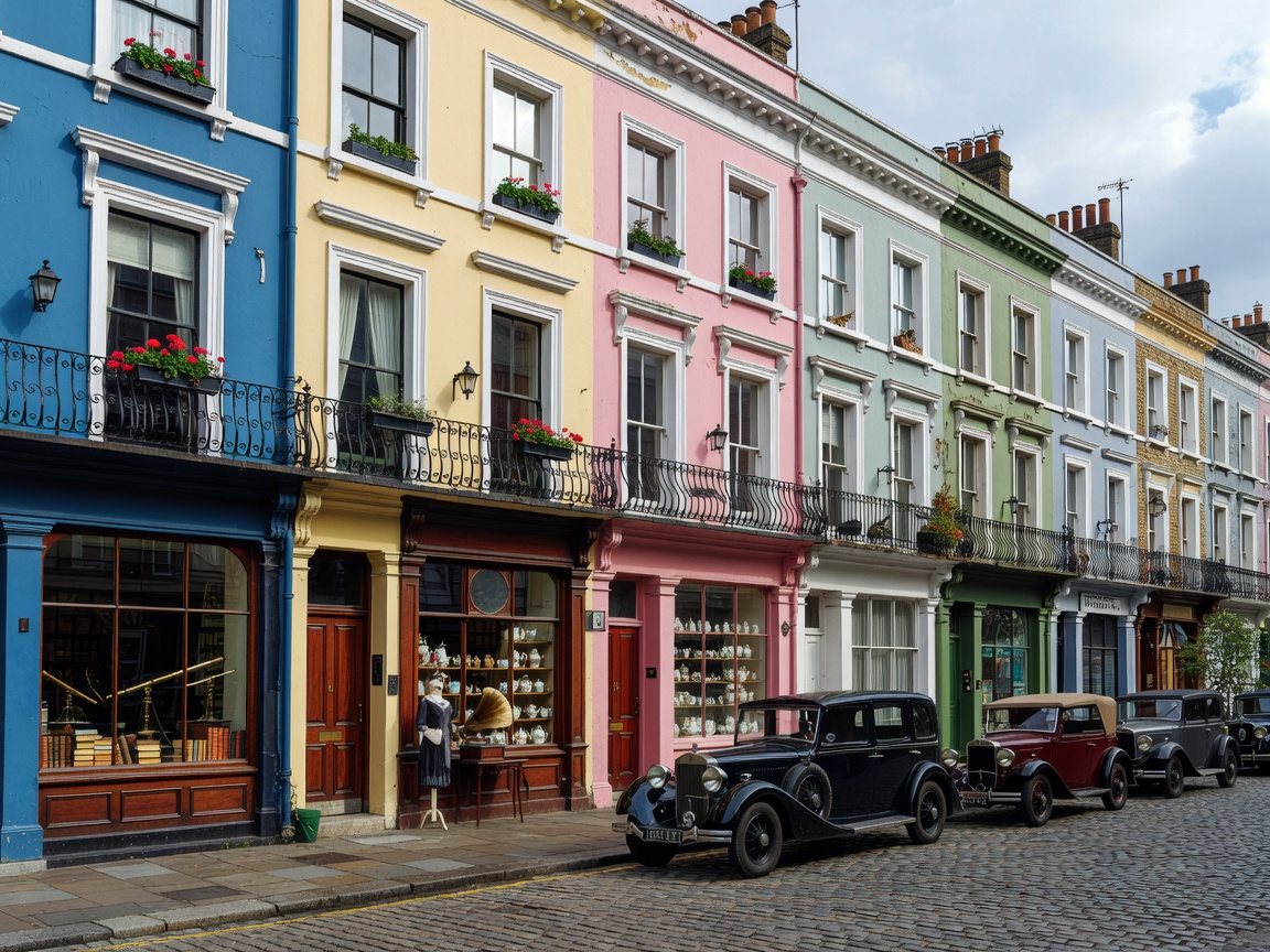 London street with colorful townhouses and vintage shops