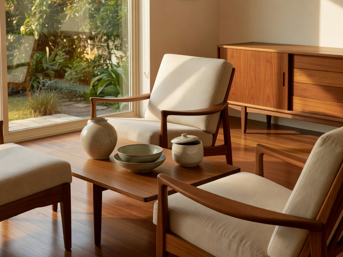 Mid-century modern teak lounge chairs and ceramics