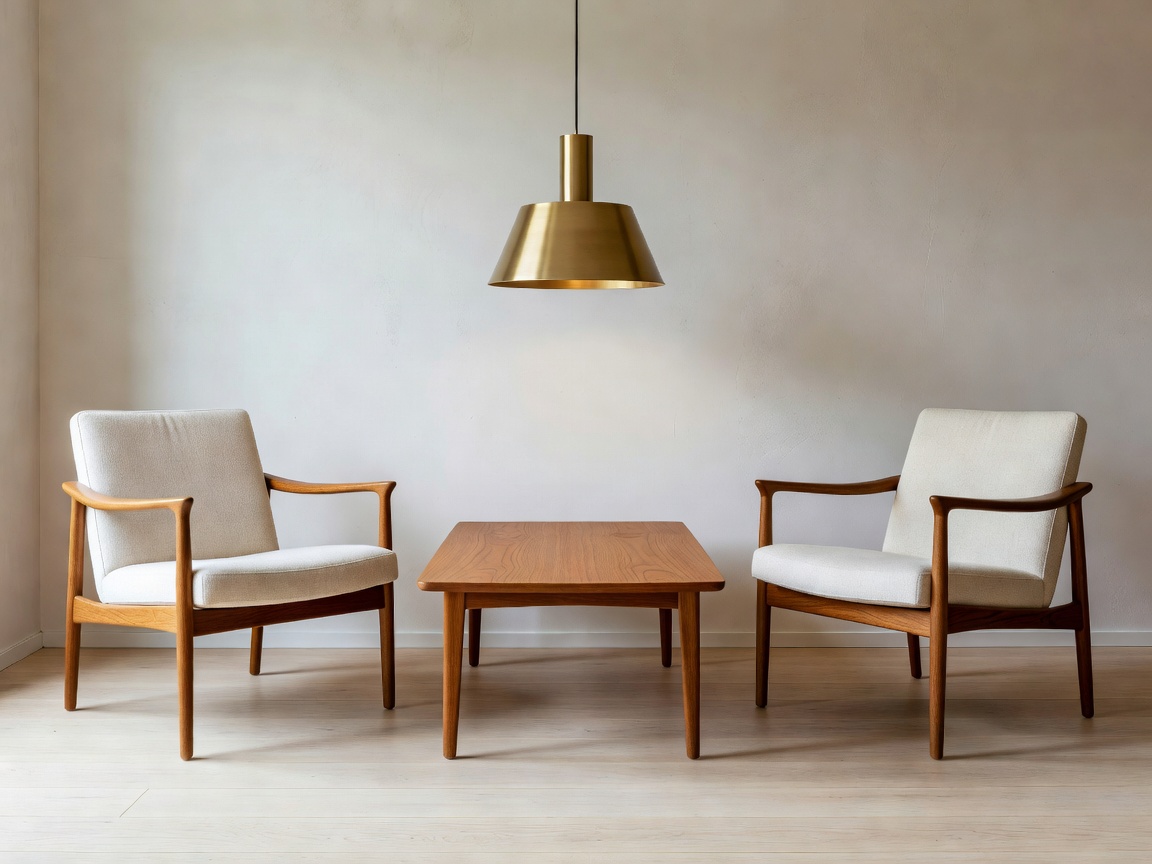 Modernist Scandinavian chairs, teak coffee table and brass pendant lamp