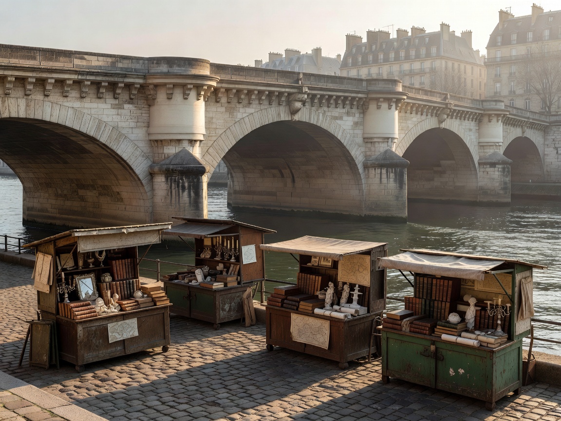 Parisian bridge and antique stalls along the Seine river