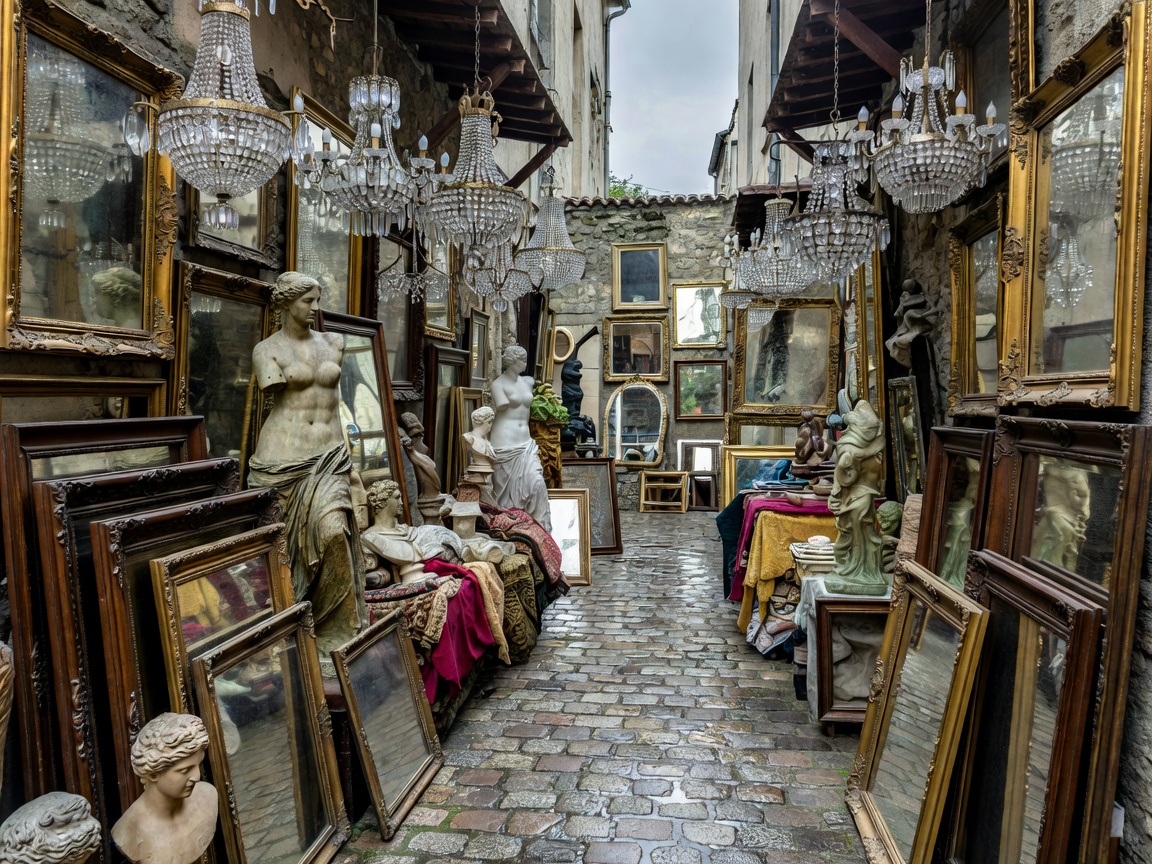 Saint-Ouen alleyway packed with antique mirrors, chandeliers and statues