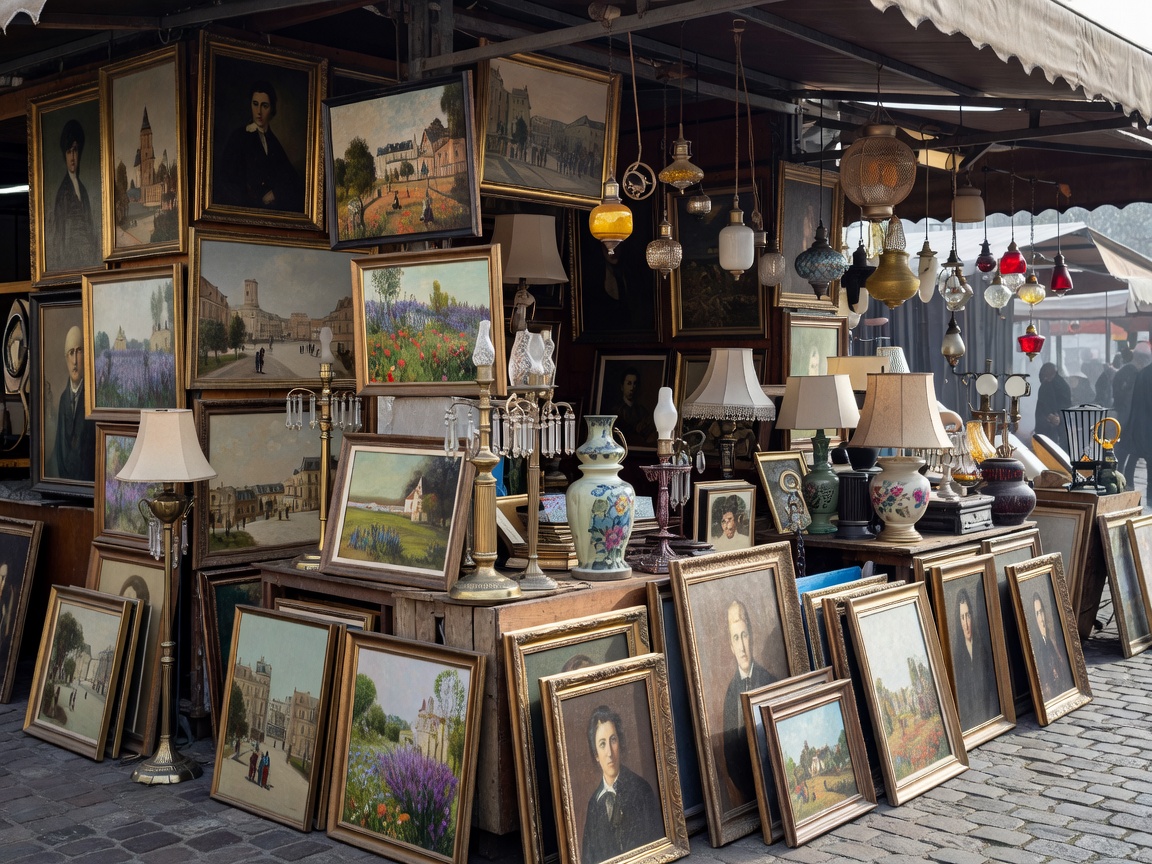 Saint Ouen Flea Market Paris booth with paintings and lamps
