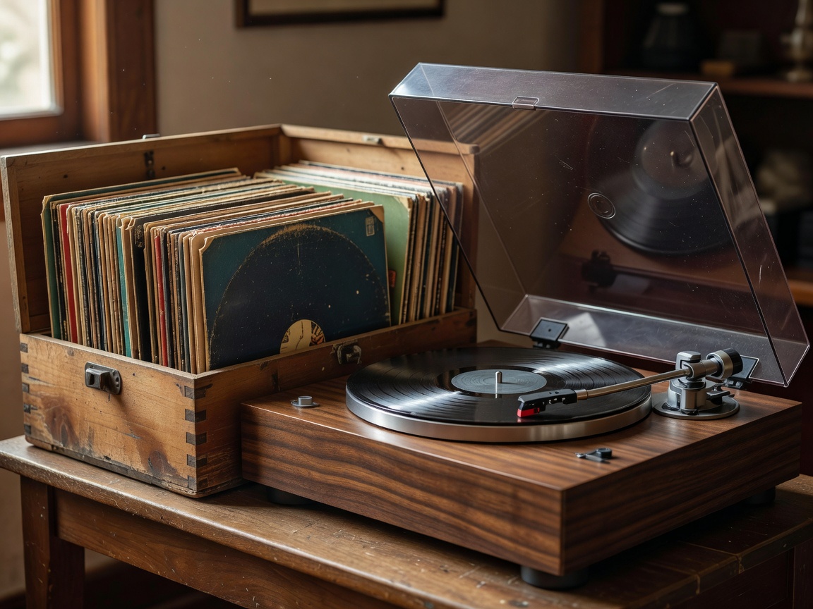 Vintage analog turntable and crate of jazz vinyl records