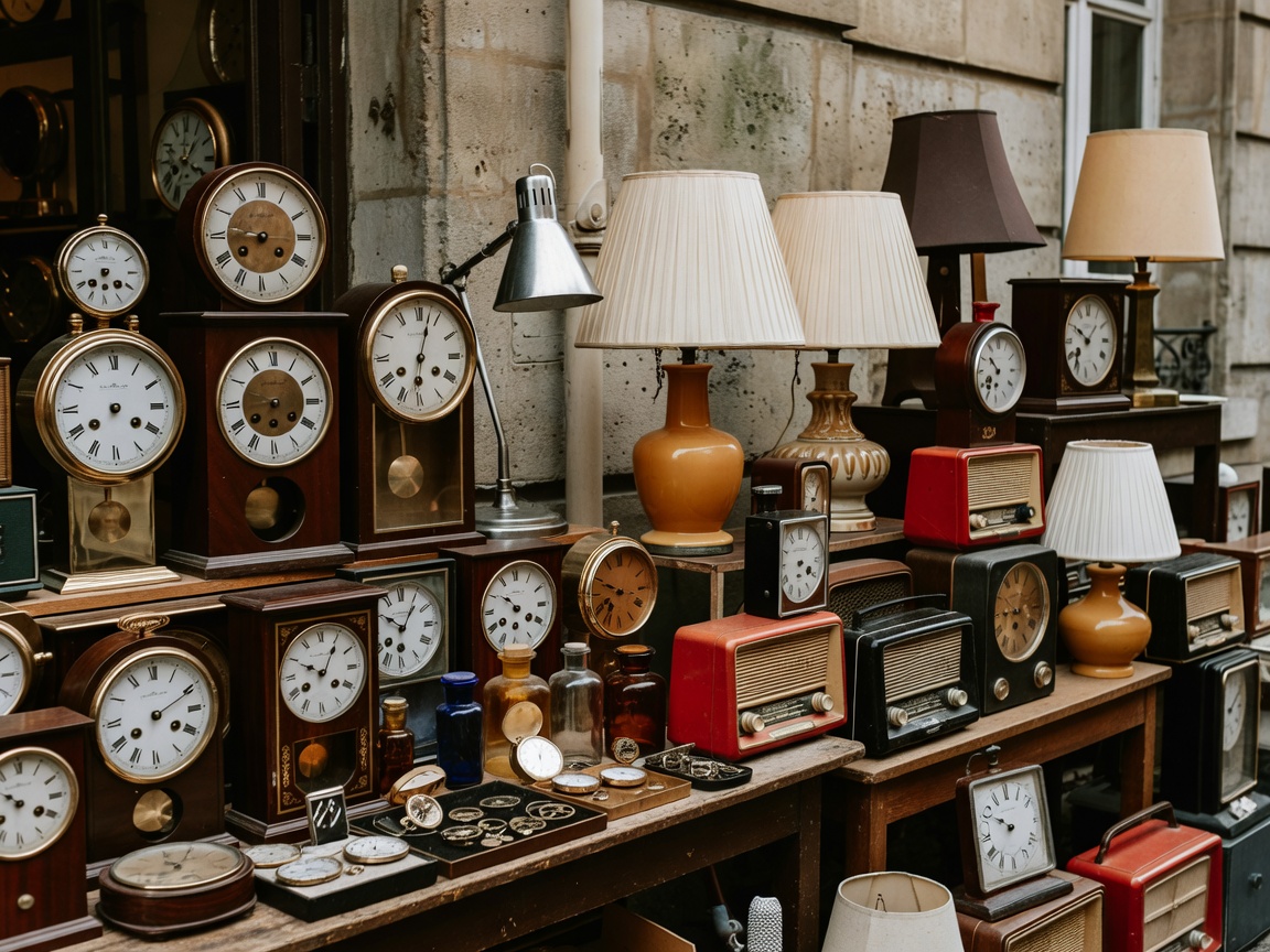 Vintage clocks, lamps and mid-century curios at a Parisian antique stall