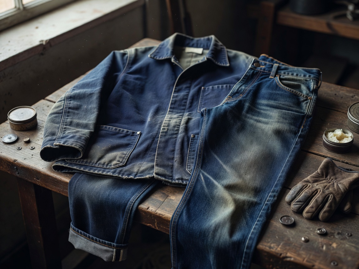Vintage French moleskin work jacket and selvedge denim jeans