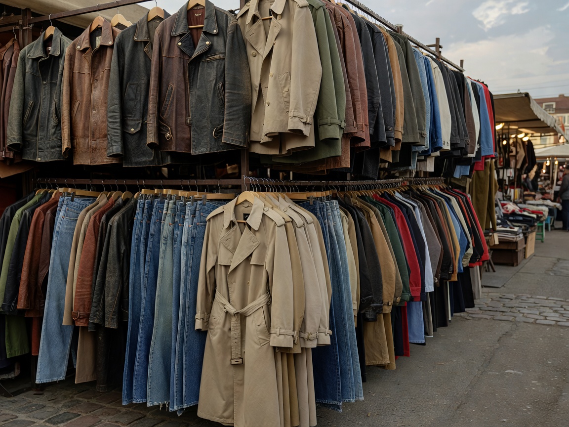 Vintage leather jackets, trench coats and denim on vintage market racks