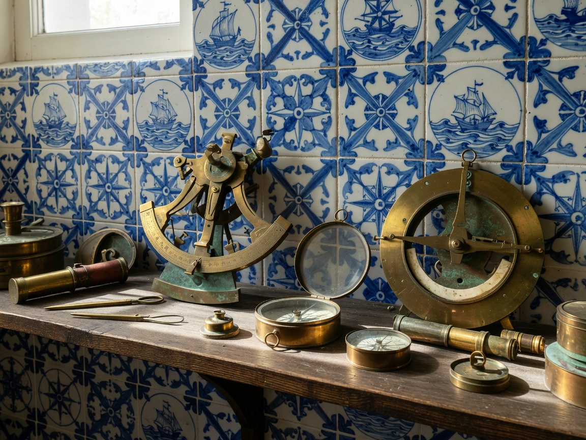 Vintage Portuguese azulejos tiles and antique brass maritime instruments